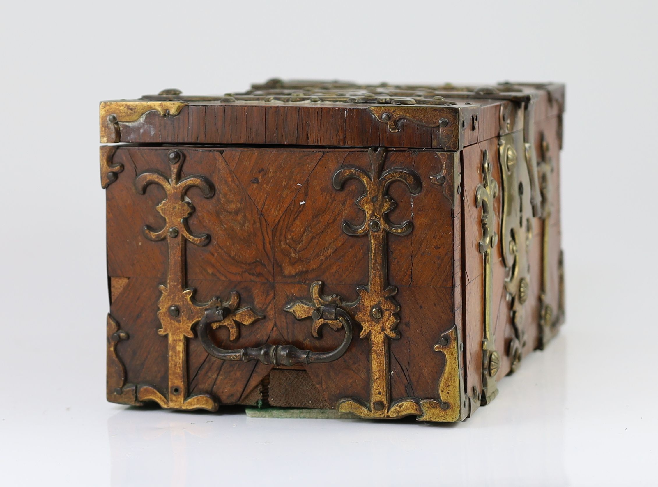 A Louis XIV kingwood and ormolu mounted strong box, c.1700, 28.5 cm wide excluding handles, clasp broken